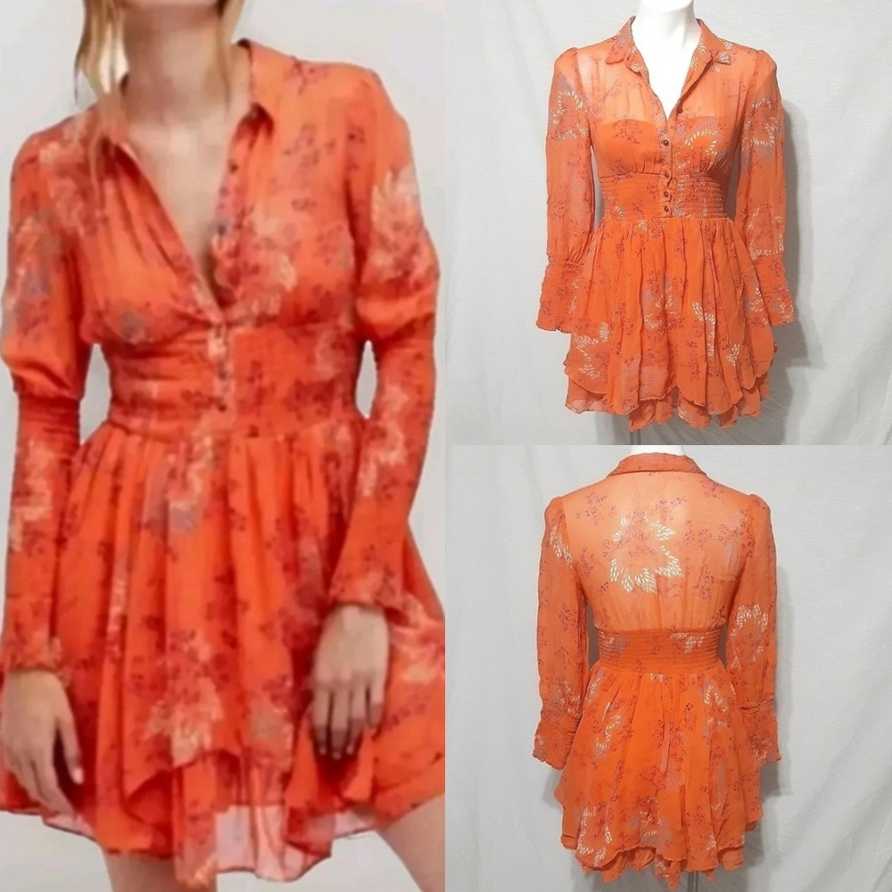 Free People Fake Pretend Coquette Babydoll Ruffled Dress XS Boho Chic Romantic